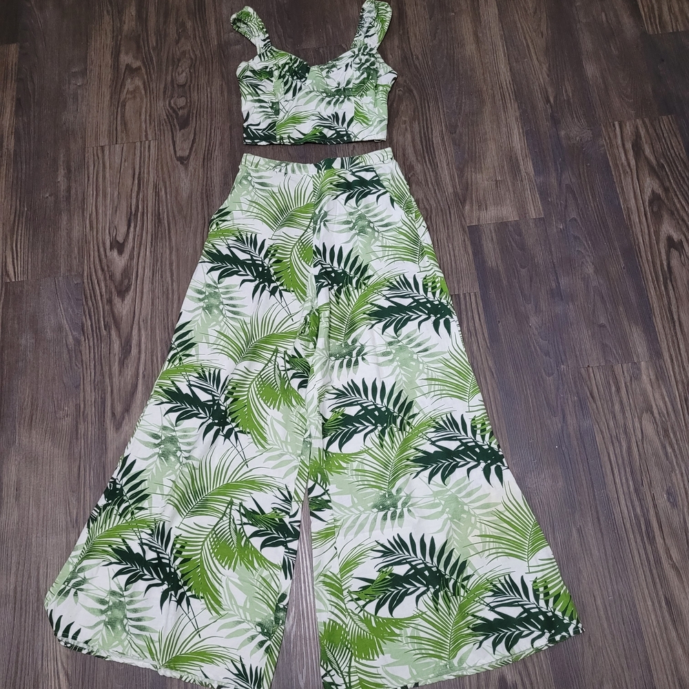 Midnight Sky Womens Wide Leg Pant Set Size S Linen Tropical Green Leaf Print